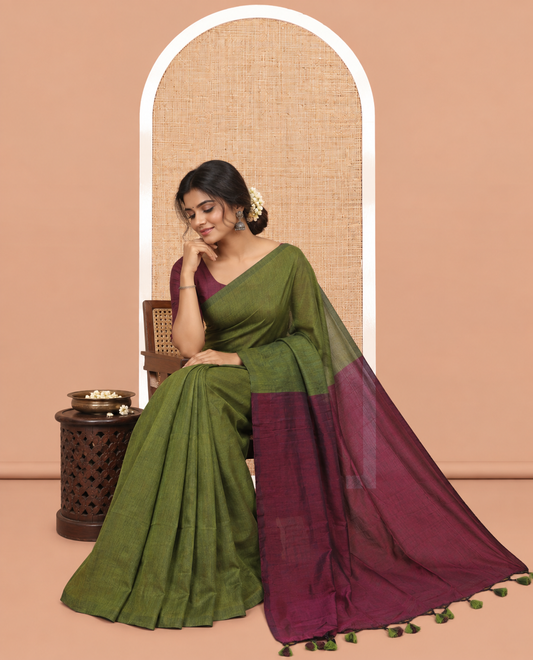 Borderless Olive-Green Plain Design Khadi Cotton Saree