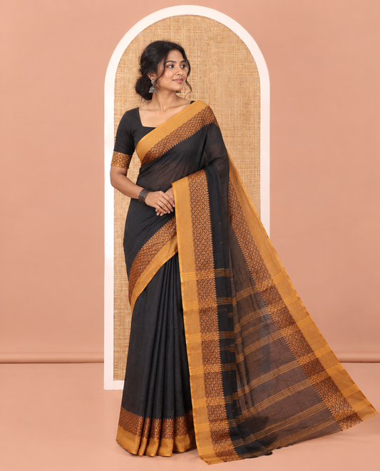 Black Bengal Cotton Saree, Subtly Woven with Thread Buttas, a Contrast Temple and Jaal Border, and a Blouse