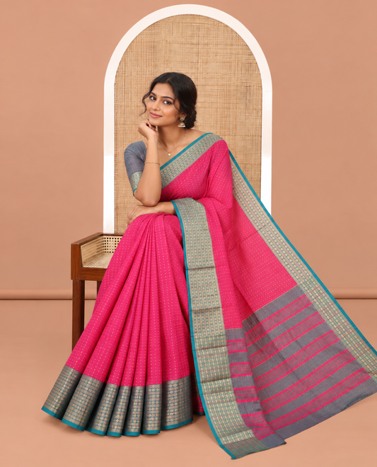Pink Semi-Soft Silk Saree, Adorned with Plus-Shaped Buttas, Complemented by a Contrast Border, Striped Pallu, and a Contrast Blouse