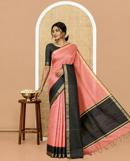 Onion Pink Semi-Raw Silk Saree, Delicately Woven with Zig-Zag Stripes, Contrast Border of Butta Enclosed Checks, Striped Pallu, and a Contrast Blouse