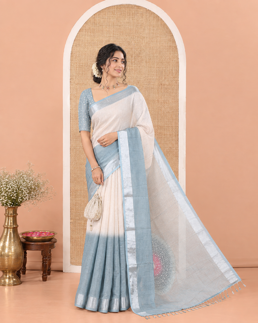 Green Linen Cotton Saree, Accentuated with Ombre-Style Double-Color Print, Highlighted by Contrast Zari Bavanji Border, Pallu Pictures Bandhani Design, and Paired with a Contrast Bandhani Blouse