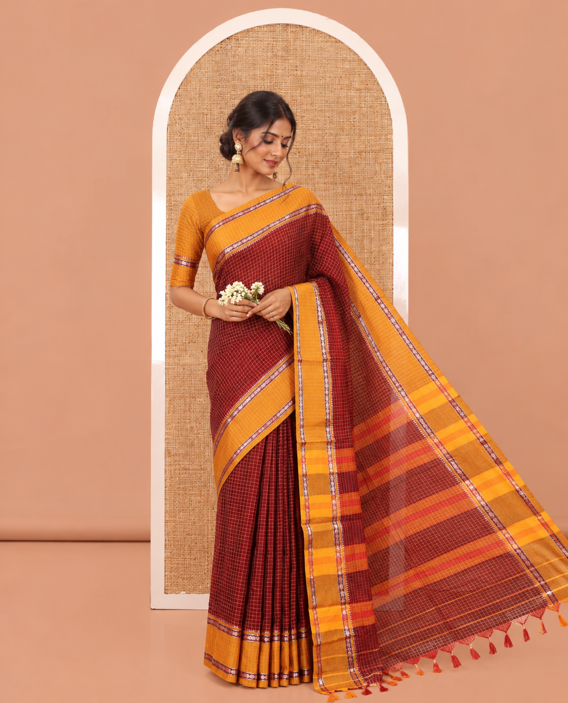 Maroon Checked Mercerised Cotton Saree, Contrast Rettai Pettu Rudraksham-Temple Border, a Self-Pallu and a Matching Blouse