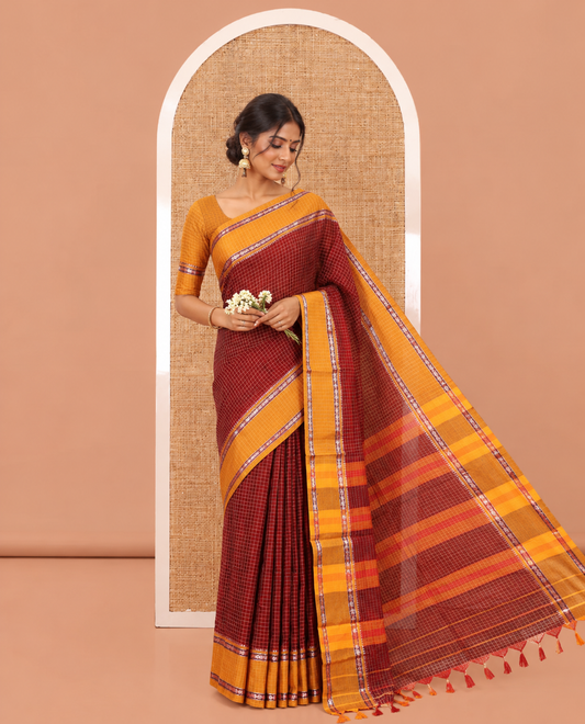 Maroon Checked Mercerised Cotton Saree, Contrast Rettai Pettu Rudraksham-Temple Border, a Self-Pallu and a Matching Blouse