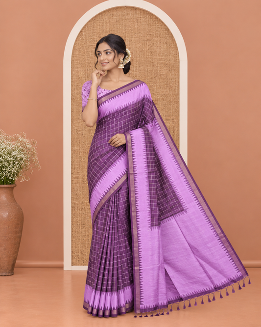 Purple Katan Silk Saree, Detailed with Checked Design Print All Over Its Body, Complemented by Contrast Temple Border, Heathered Pallu, and Paired with a Contrast Blouse