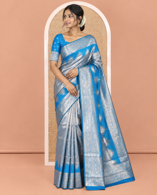 Rama Blue Tissue-Zari Litchi Saree, a Temple Kodi Visiry Border, Grand Pallu, and Matching Blouse