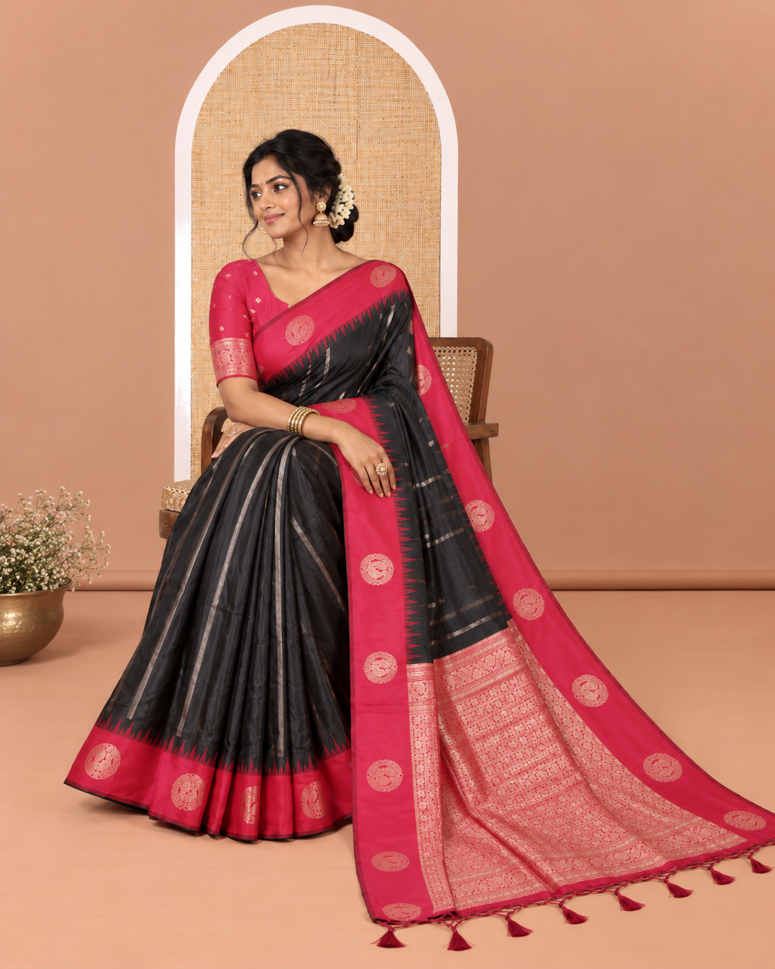 Black Elite Soft Silk Saree, Mesmerized with Zari Buttas and Zari Stripes All Over Its Body, Complemented by a Contrast Temple Border of Round Peacock Designs, Rich Pallu of Peacock Chakram Butta Enclosed Checks, and Paired with a Contrast Blouse