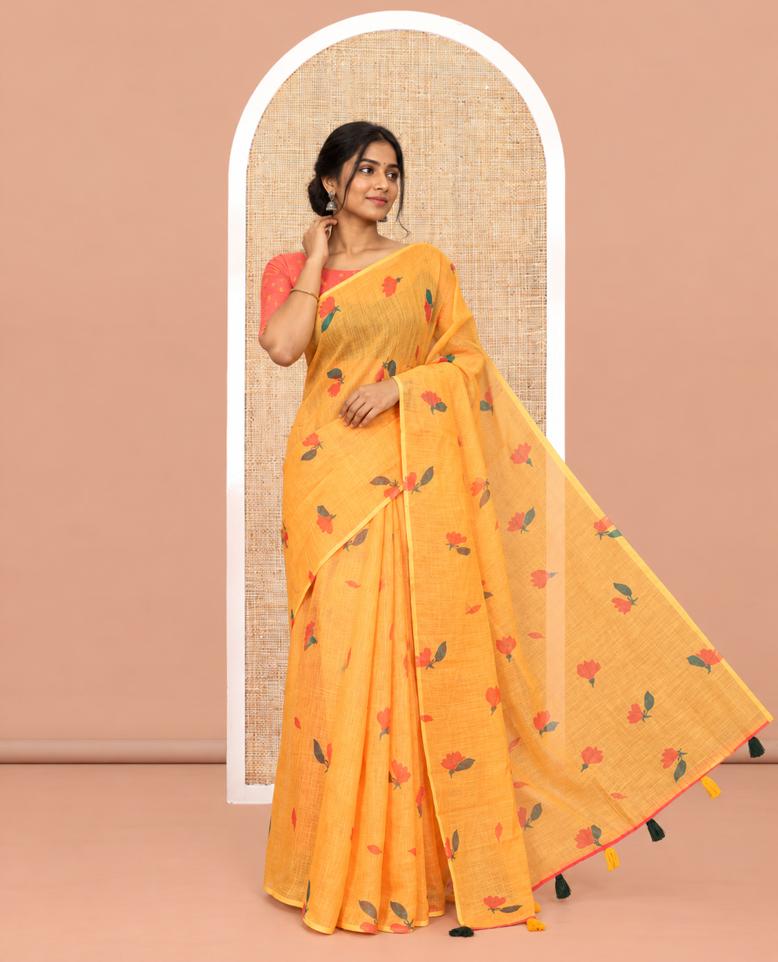 Borderless Orange Floral Motif Printed Linen Cotton Saree Comes with a Contrast Printed Blouse