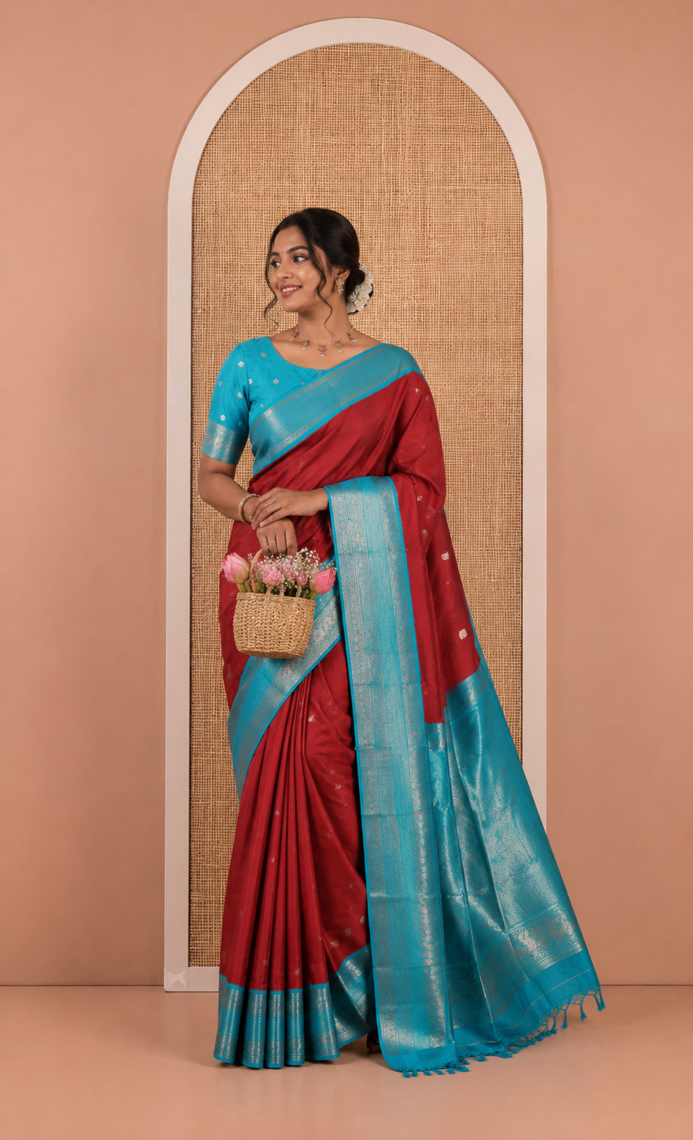 Maroon Kanchi Silk Saree Features Mayil-Chakram Buttas, a Contrast Traditional Border, Jaal Pallu, and a Contrast Blouse