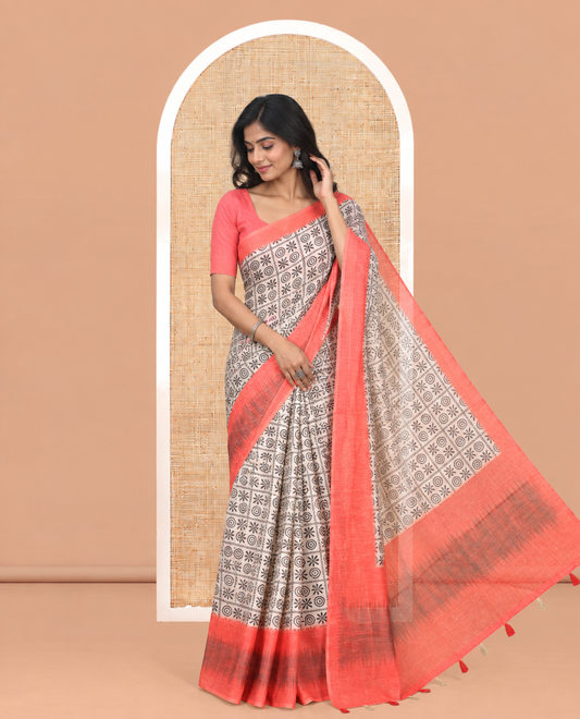 Chikku-Orange Linen Cotton Saree, Ornamented with Butta Enclosed Checks Print, a Contrast Ikat Border, Printed Pallu, and Contrast Blouse
