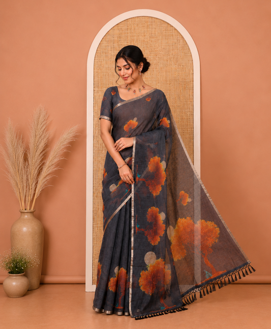 Black Linen Cotton Saree, Embellished with Tree Motifs Print on Its Body, Self-Pallu of Tree Motifs Print, and Matching Blouse