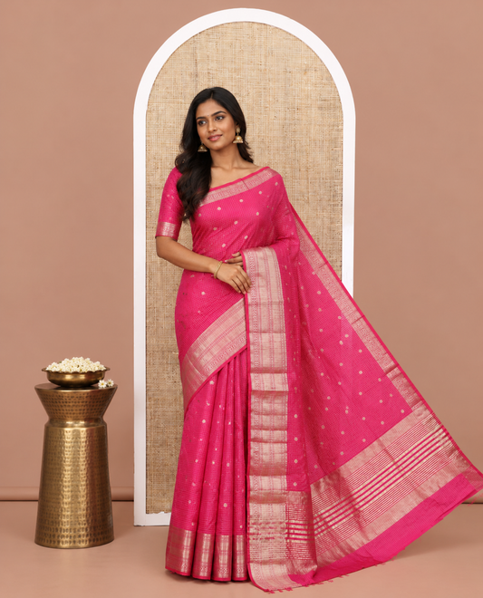 Pink Semi-Tussar Saree, Enriched with Zari Buttas and Checks, a Traditional Zari Border, and a Matching Blouse