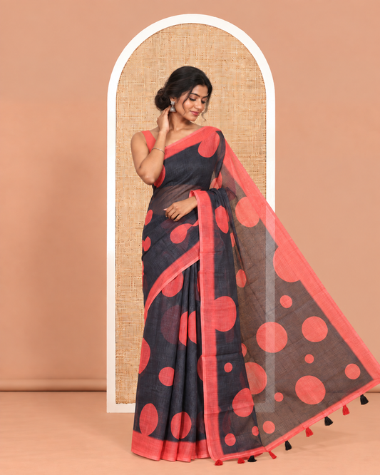 Black Linen Cotton Saree, Subtly Sparkled with Polka Dot Buttas, a Contrast Border, a Contrast Blouse