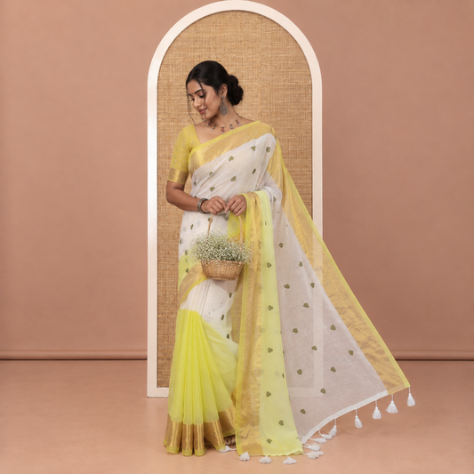 Cream and Lemon Yellow Khadi Mul Cotton Saree, Adorned with Half-And-Half-Style and Heart Motifs Embroidery on Its Body, a Subtle Gold Zari Border, a Self-Pallu, and Has No Blouse