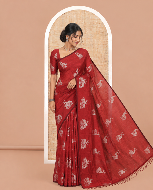 Borderless Red Vichitra Silk Saree, Embellished with Deer Motifs, Self-Pallu, No Blouse