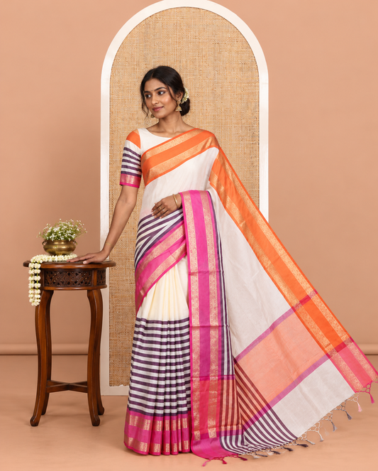 Cream Half-And-Half Semi-Katan Silk Saree Features Stripes, Contrast Ganga-Jamuna Border, Matching Blouse