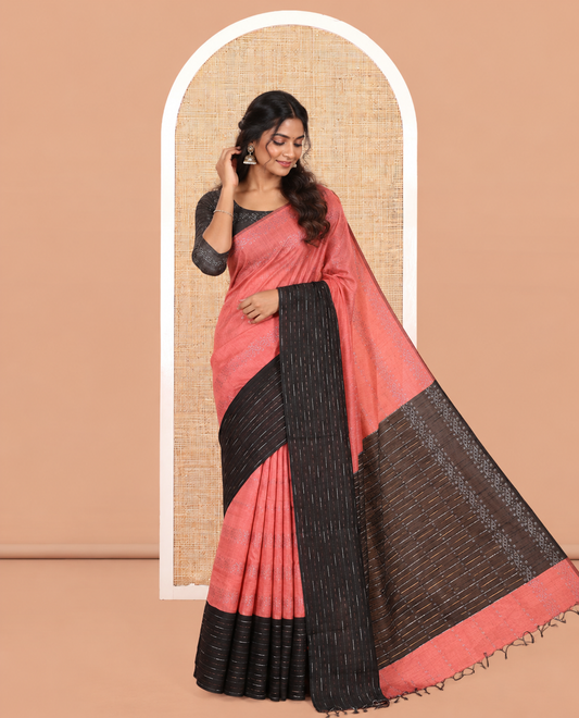 Onion Pink Semi-Raw Silk Saree, Sparsely Woven with Zari Designs, a Contrast Striped Border, Striped Pallu, and a Contrast Blouse