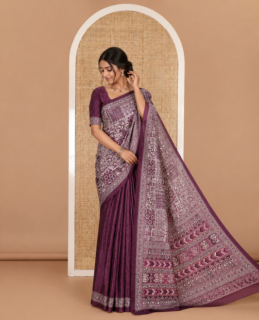 Purple floral-geometric printed and mirror work masakali saree, printed border, printed and mirror work pallu, and a matching printed blouse