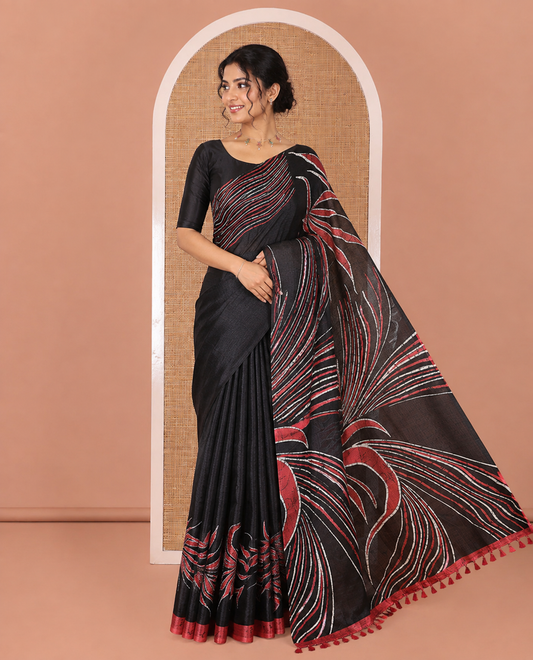 Borderless Black and Pink Art Khadi Cotton Saree, Detailed with Batik Print-Style Vines Print on Its Body, Self-Pallu of Batik Print, and Paired with a Matching Blouse
