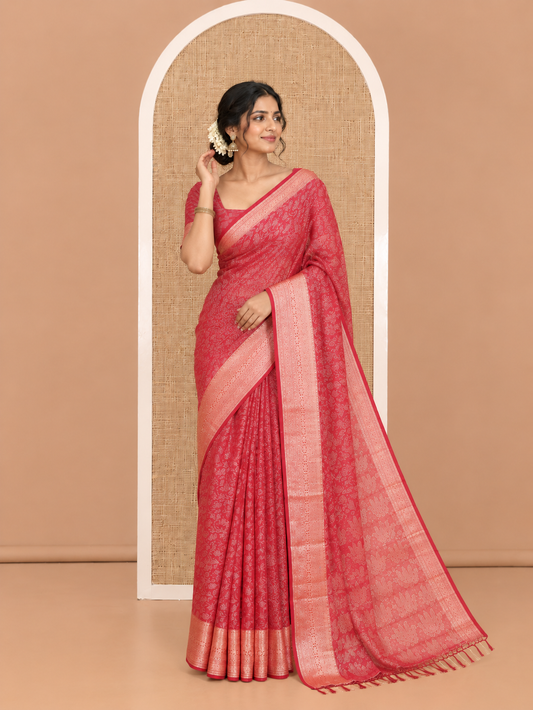 Maroon Chiffon Saree, Adorned with Floral Vine and Stonework, a Traditional Border, Pallu Steeped with Floral Designs, and a Matching Blouse