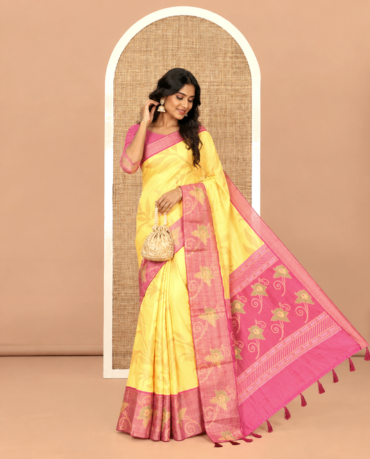 Yellow Manipuri Silk Saree, Subtly Sparkled with Pochampally-Style Floral Design on Its Body, Complemented by a Contrast Border of Floral Design, Pallu of Floral Motifs, and Paired with a Contrast Blouse