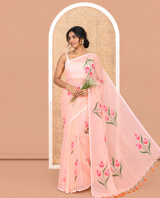 Borderless Peach Khadi Mul Cotton Saree