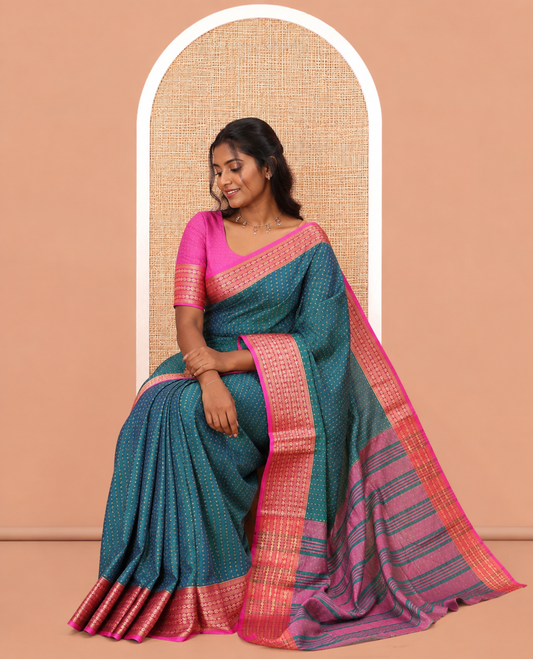 Peacock Green Semi-Soft Silk Saree, Adorned with Plus-Shaped Buttas, Complemented by a Contrast Border, Striped Pallu, and a Contrast Blouse