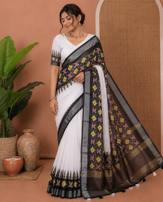White-Black Plain Linen-Cotton Saree, Contrast Temple Ikat Printed Border, Contrast Pallu, and a Contrast Blouse