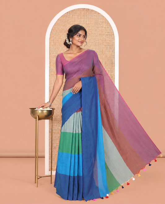 Borderless Blue Khadi Cotton Saree