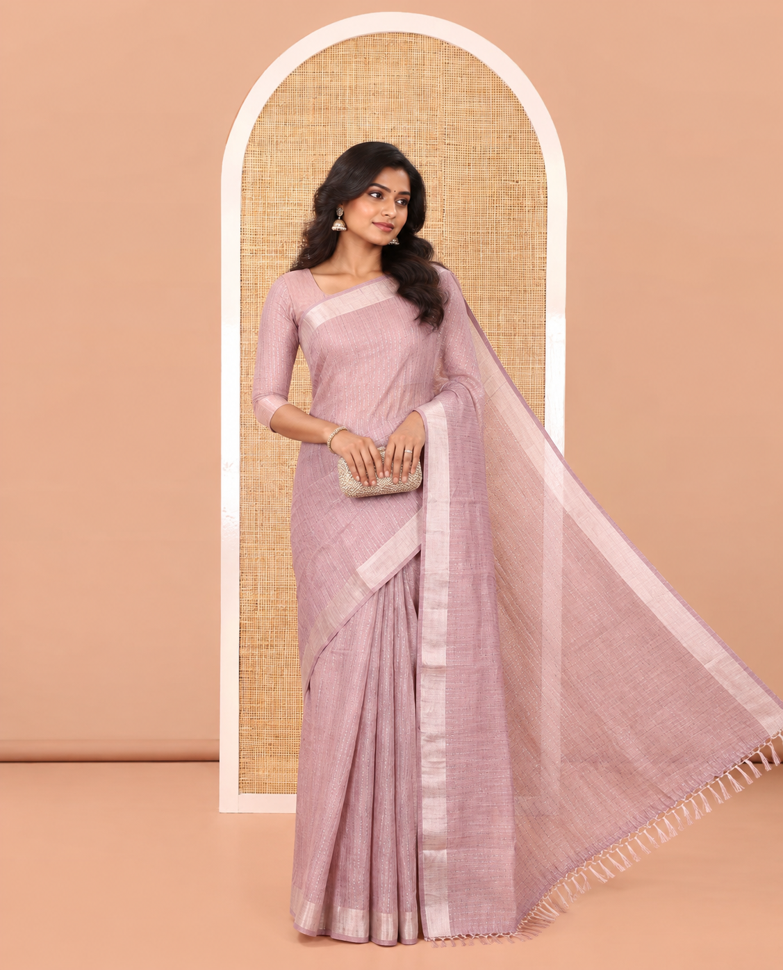 Lavender Linen Zari Cotton Saree, Gleamed Up with Zari Stripes All Over Its Body, a Subtle Zari Border, a Self-Pallu, and Comes Without a Blouse