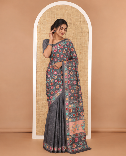 Black floral & star print & mirror work masakali saree, self-border & pallu of print & mirror work, printed blouse