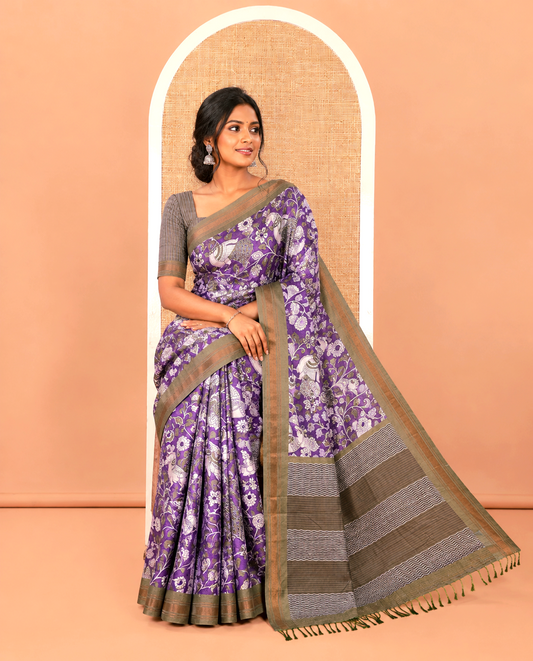 Violet Manipuri Silk Saree, Accentuated with Kalamkari-Style Floral Vine and Peacock Motifs Printed All Over Its Body, Complemented by a Contrast Zari Border, Pallu of Chevron Stripes, and Paired with a Contrast Blouse