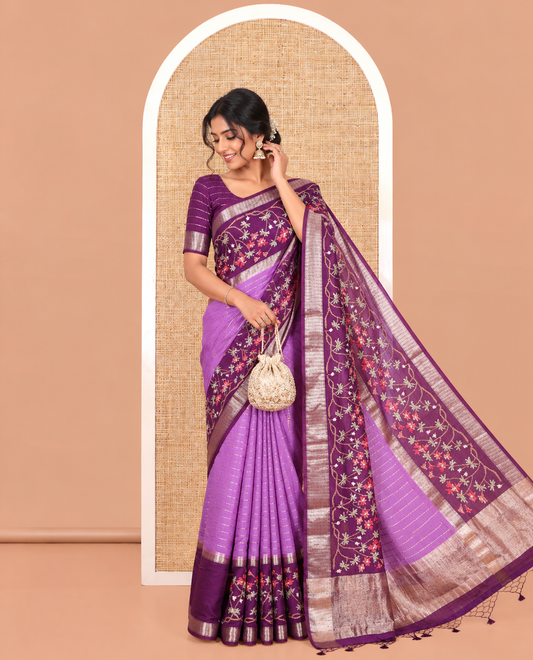 Lavender Assam Silk Saree Featuring Horizontal Zari Stripes, Contrast Floral Embroidered Border, Zari Striped Pallu, and a Contrast Blouse