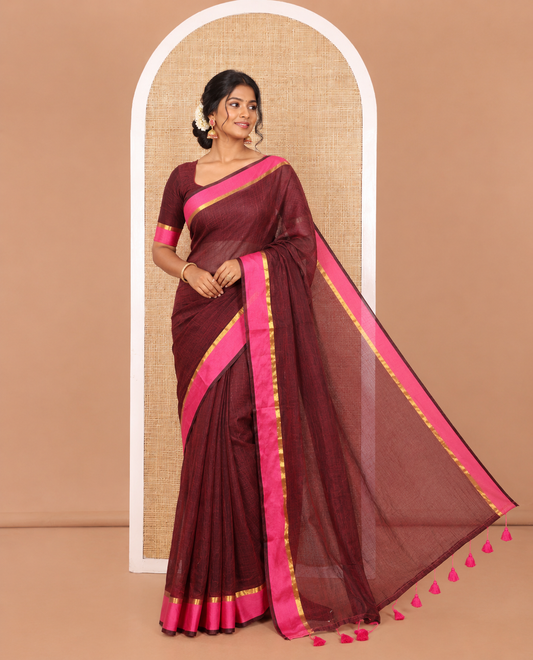 Maroon Plain Khadi Mul Cotton Saree, Complemented by Contrast Zari Striped Border, Plain Pallu, and Paired with a Matching Blouse