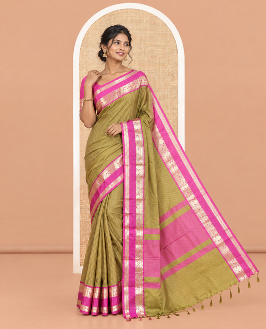 Green Striped Semi-Katan Silk Saree, a Contrast Traditional Zari Border, Plain Pallu, and a Contrast Blouse