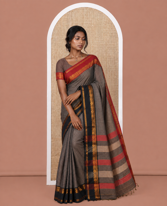 Light Brown Checked Mercerised Cotton Saree, Contrast Ganga-Jamuna Traditional Border, and Matching Blouse