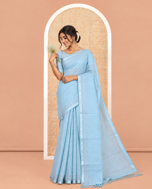 Blue Plain Chanderi Cotton Saree