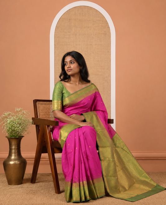 Magenta Art Kanchi Silk Saree, Adorned with Buttas, a Contrast Traditional Zari Border, Intricate Pallu, and a Contrast Blouse