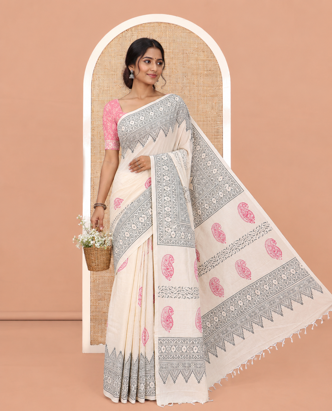 Cream Paisley Printed South Cotton Saree, Comes with a Hand Block-Printed Border, a Matching and a Contrast Block-Printed Blouse