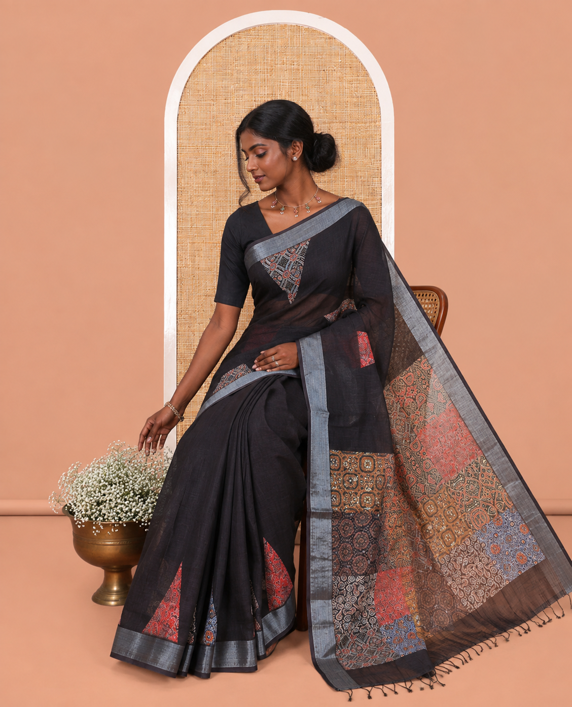 Black Geometric Printed Linen Cotton Saree, a Zari Border, and a Matching Ajrakh Blouse