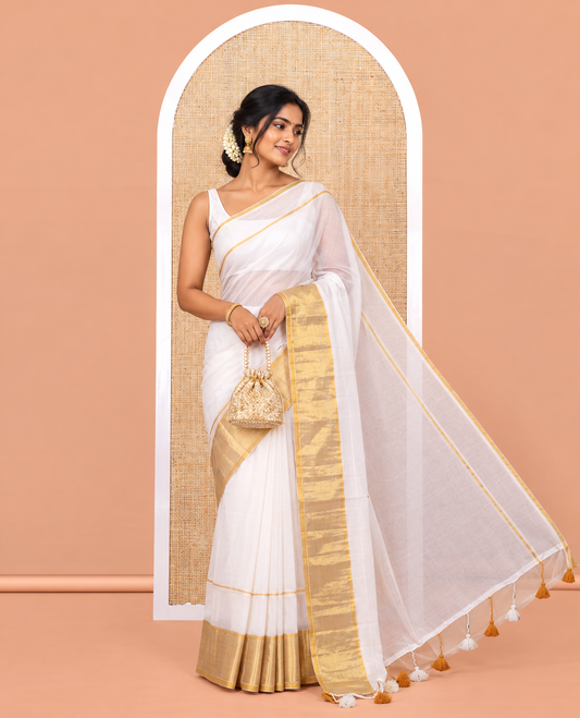 Cream Plain Khadi Mul Cotton Saree, a Big Gold Zari Border, a Self-Pallu, and No Blouse
