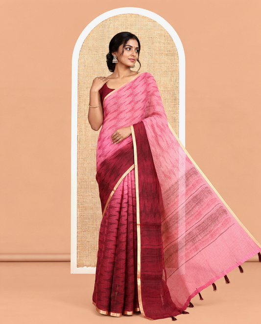 Pink Linen Cotton Saree, Adorned with Ikat Zig-Zag Stripes, a Piping Border, Printed Pallu, and Matching Blouse
