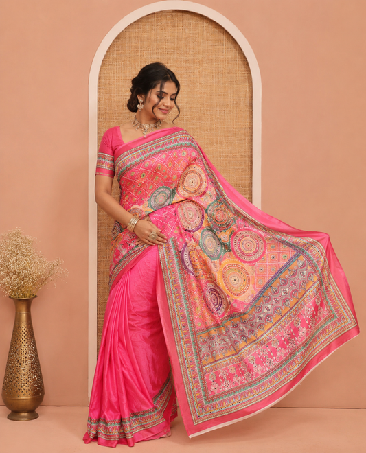 Pink Masakali Saree Features Kaleidoscopic-Colored Intricate Print and Mirror Work, a Self-Printed Pallu, and a Matching Blouse