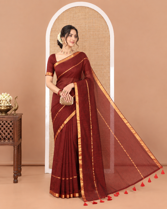Maroon Plain Khadi Mul Cotton Saree, Subtly Sparkled with Zari Border, Self-Pallu, and Paired with a Matching Blouse