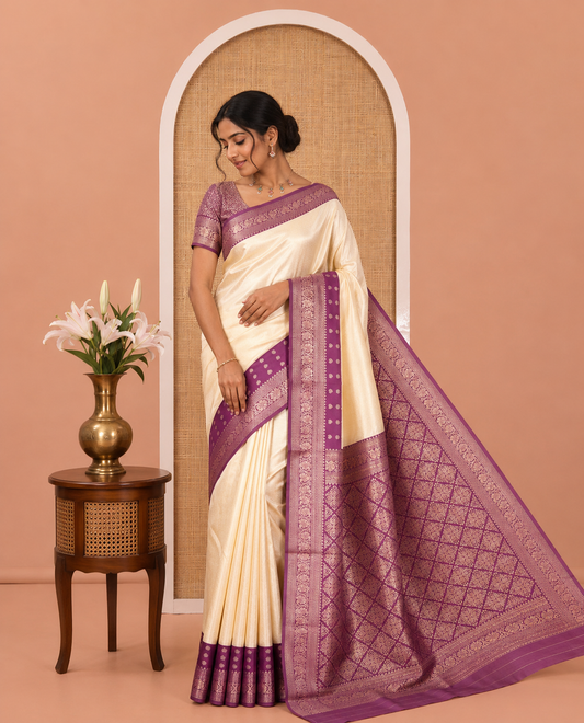 Cream-Purple Embossed Art Kanchi Silk Saree, a Contrast Traditional Zari Border, Grand Jaal Pallu, and a Contrast Blouse