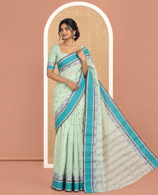 Pista Green Bengal Cotton Saree Features Thread Buttas, Contrast Floral Creeper Thread Border, Striped Pallu, a Matching Blouse