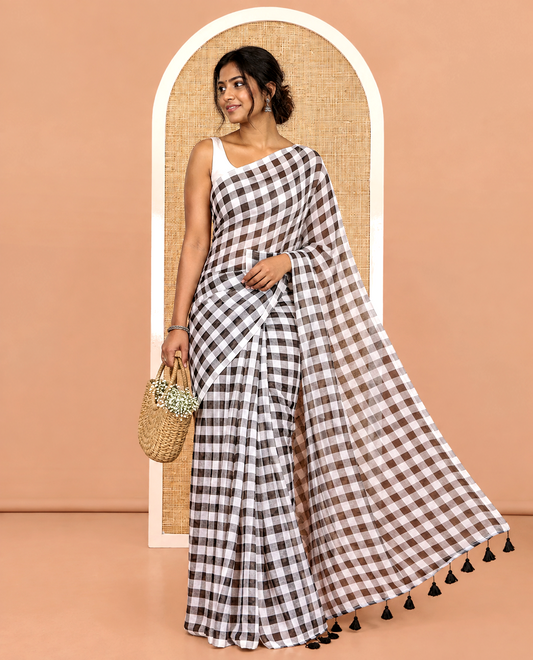 Borderless Black Khadi Mul Cotton Saree, Adorned with Micro-Checks and No Blouse