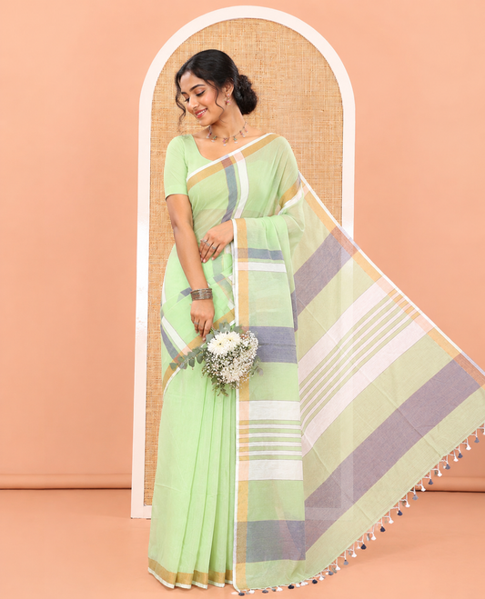 Green Khadi Cotton Saree, Adorned with Stripes, a Subtle Border, Striped Pallu, and Plain Blouse