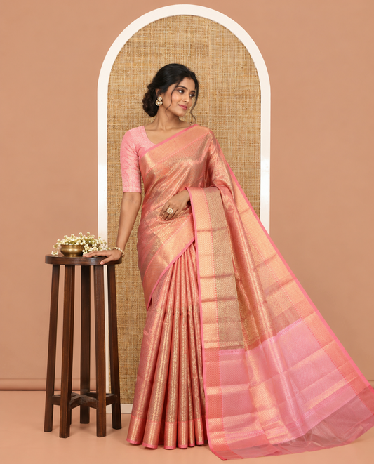 Rust Banaras Katan Silk Saree, Adorned with Brocade Design on Its Body, Complemented by a Contrast Traditional Zari Design Border, Grand Jaal Pallu, and Paired with a Contrast Blouse