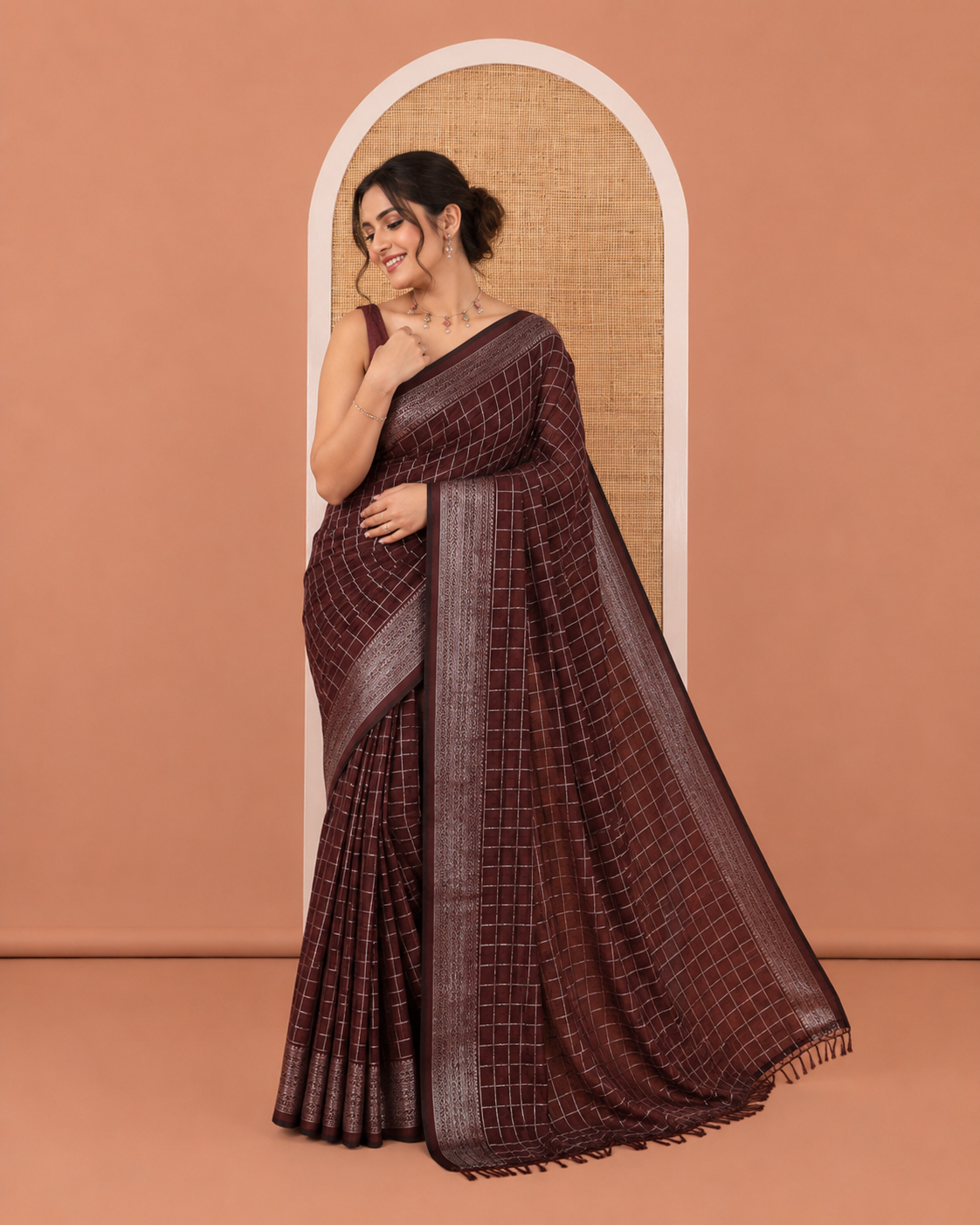 Brown Vichitra Saree, Spotlighted with Medium-Sized Checked Design on Its Body, Highlighted by a Traditional Design Border, Self-Pallu, and Comes Without a Blouse