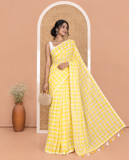 Borderless Yellow  Khadi Mul Cotton Saree, Adorned with Micro-Checks and No Blouse